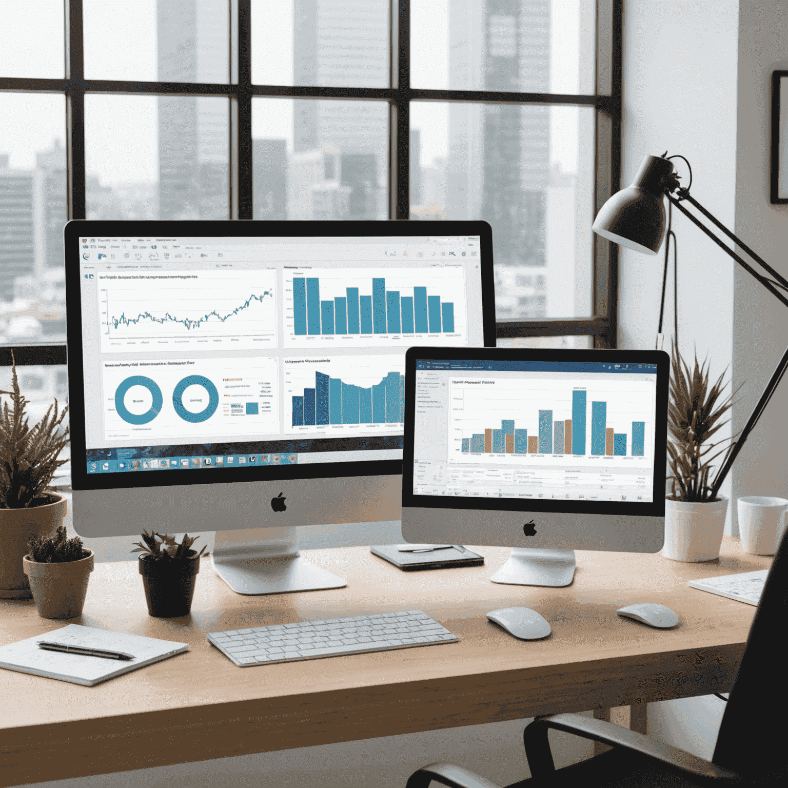 A visual representation of a streamlined workflow using various digital tools such as project management software, time tracking apps, and automation tools. The image shows a clean, organized workspace with a computer displaying graphs and charts indicating improved productivity.