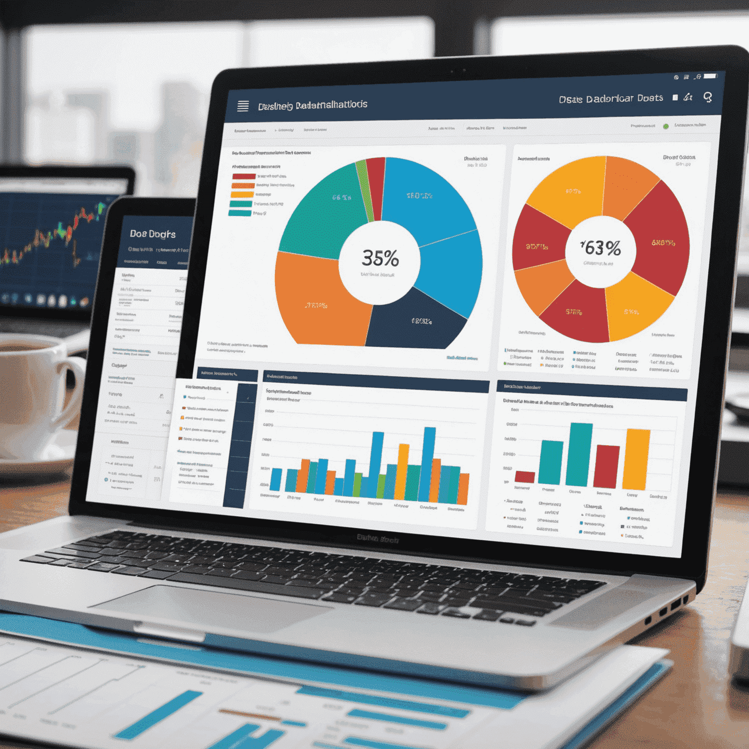 A dashboard showing various data analytics visualizations and metrics, including charts, graphs, and key performance indicators, to help businesses make data-driven decisions.