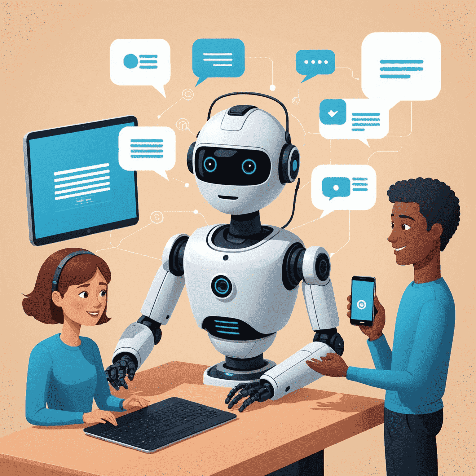 Illustration of an AI-powered chatbot engaging with customers on various devices