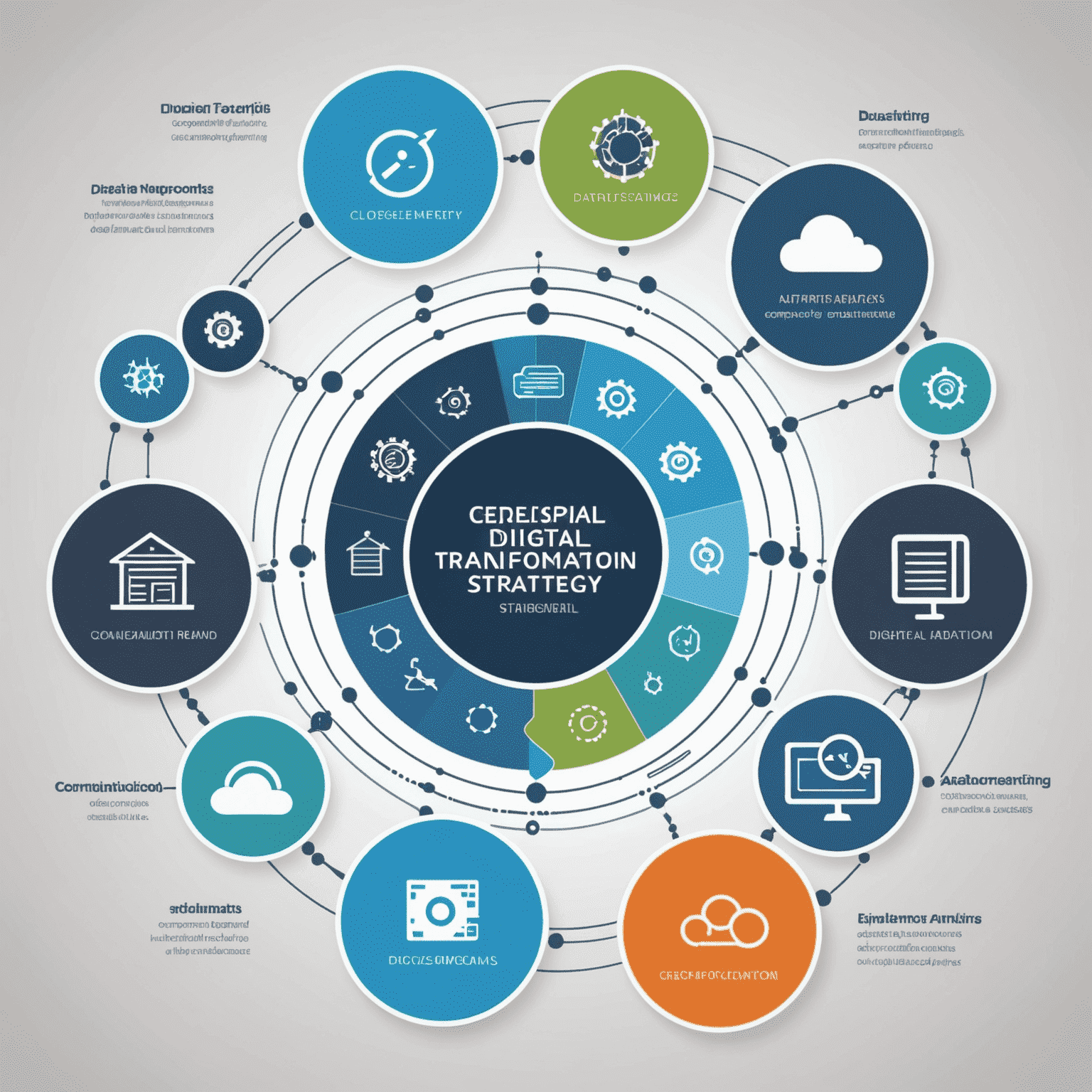 Diagram illustrating components of a comprehensive digital transformation strategy, including cloud computing, data analytics, artificial intelligence, and process automation