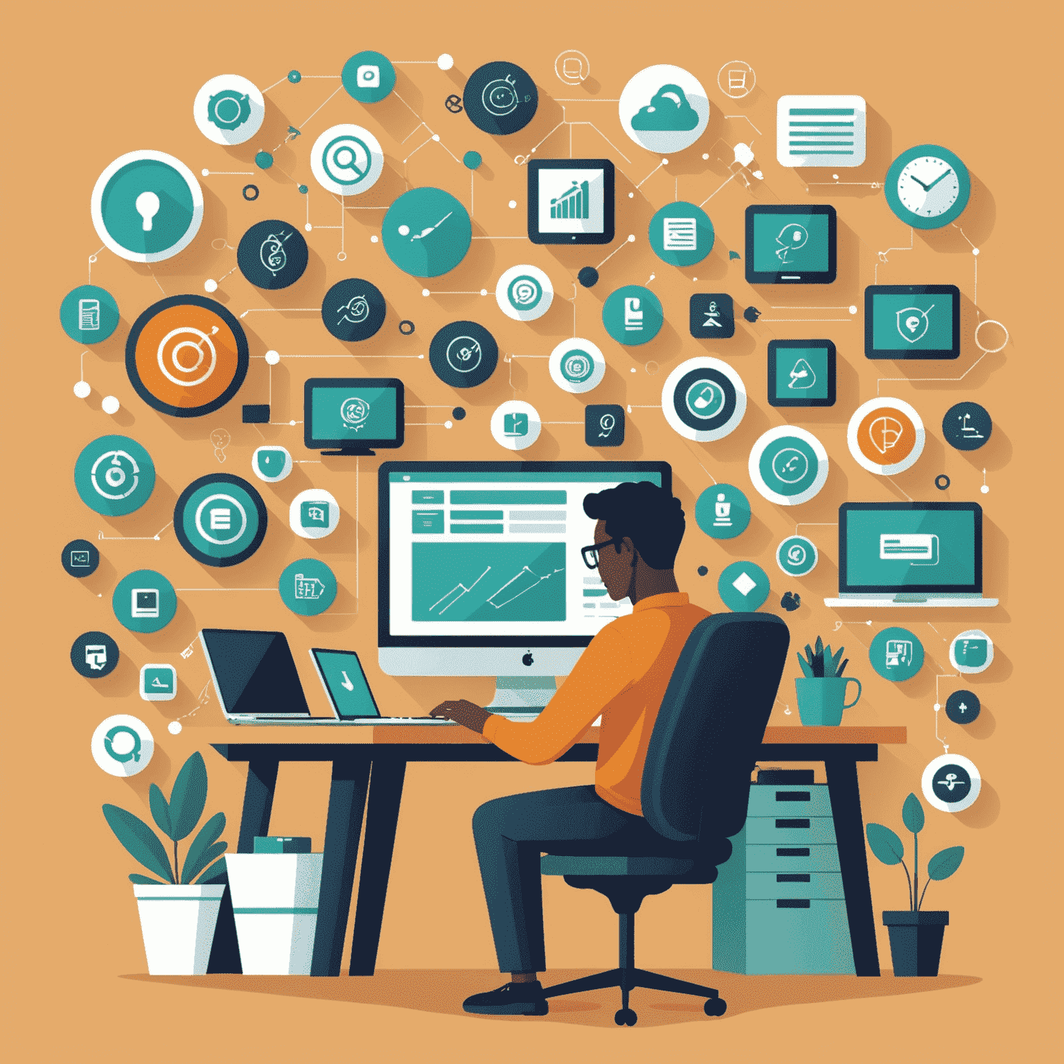 An illustration of a person working efficiently on a computer, surrounded by various digital tools and icons representing productivity.