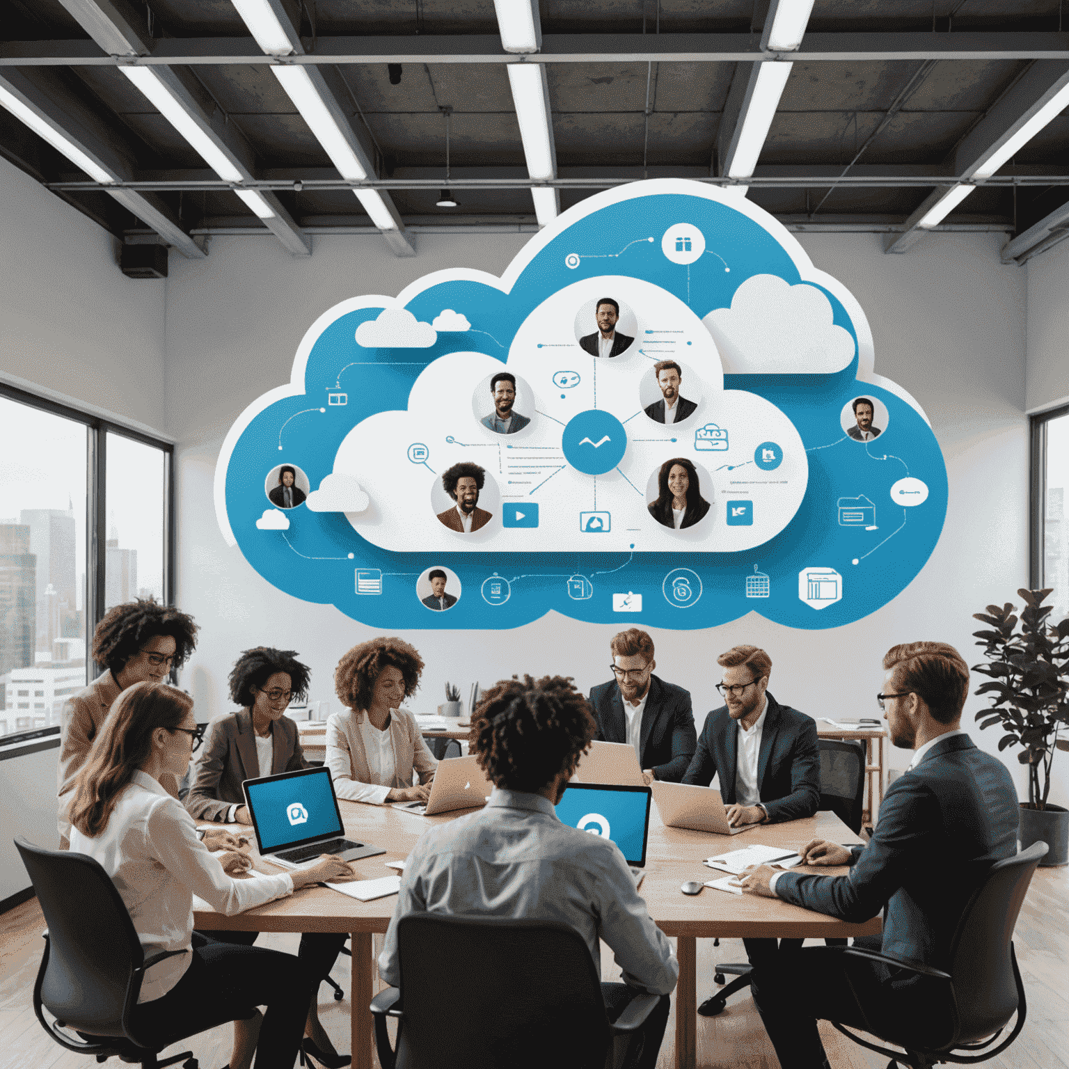 An image showing seamless collaboration enabled by cloud technology, with people working together on shared documents remotely