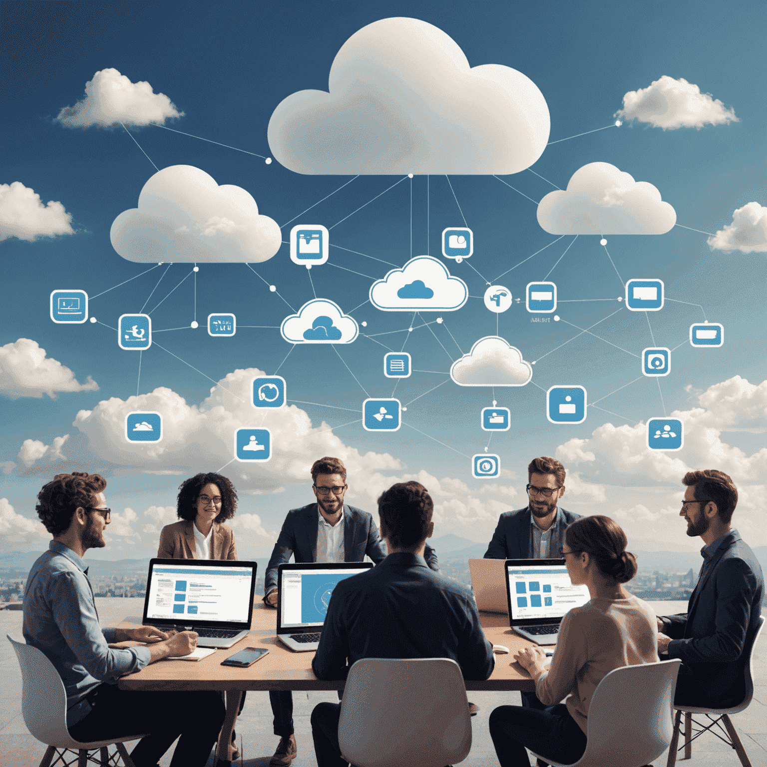 An image depicting multiple devices connected to the cloud, with people collaborating on documents and projects in real-time.